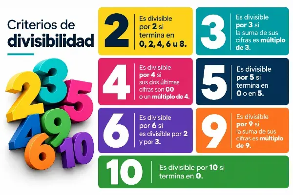 Imagen visual de todos los criterios de divisibilidad