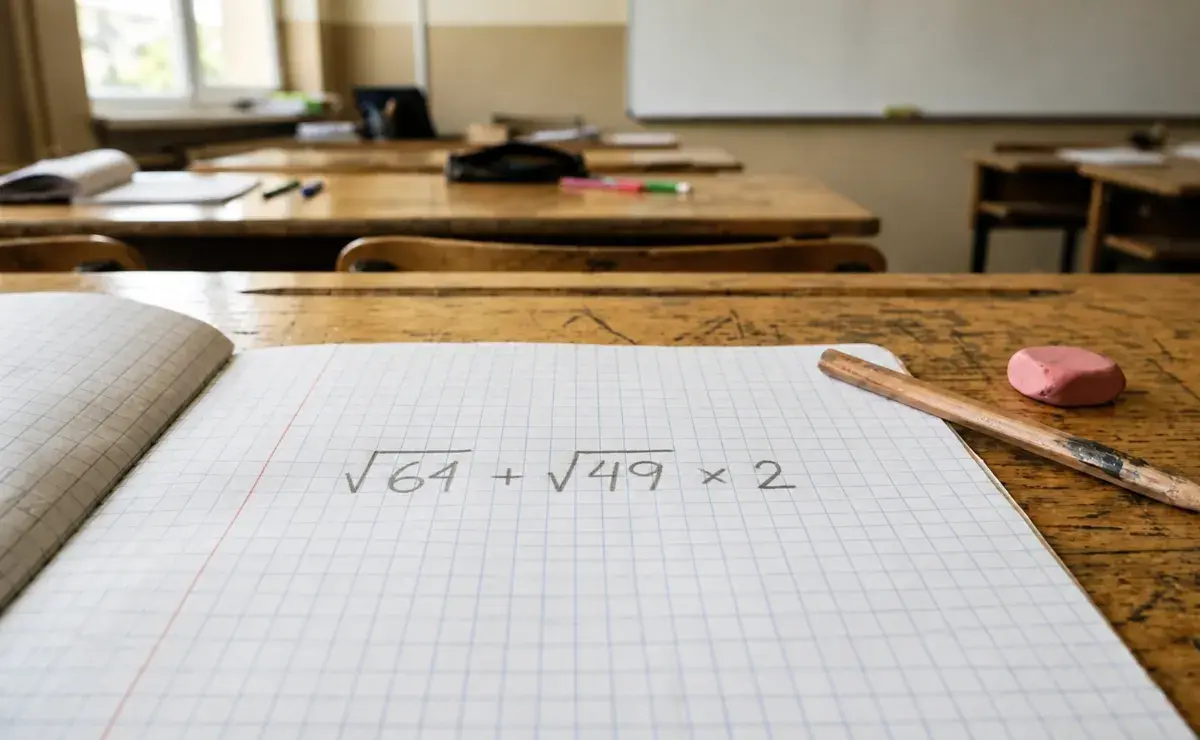 Cuaderno de cuadrícula con la operación √64 + √49 × 2 escrita a lápiz